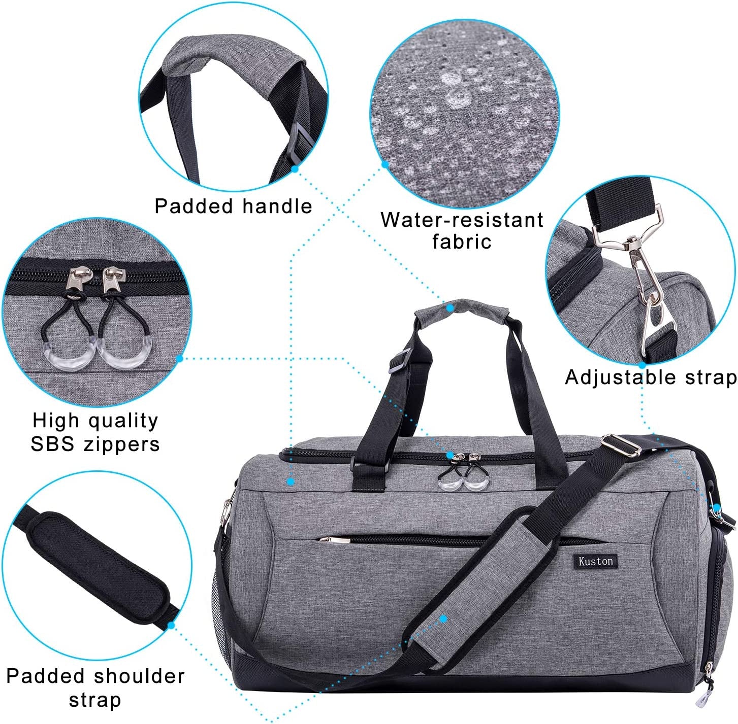 Kuston Sports Gym Bag with Shoes Compartment &Wet Pocket Gym Duffel Bag Overnight Bag for Men and Women