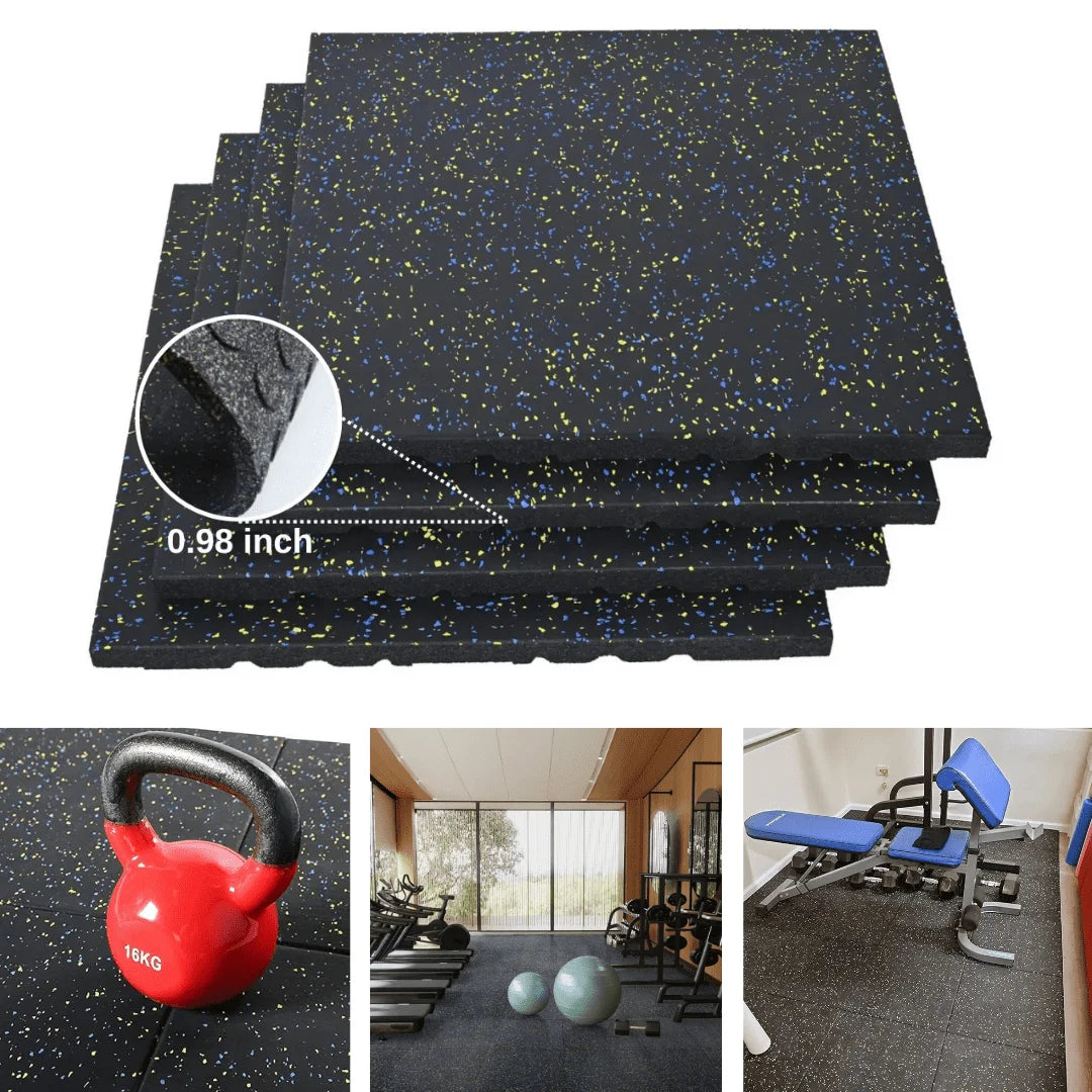 Rubber Gym Flooring, 0.98'' Thick High-Density Gym Mats, 20" X 20" Exercise Workout Equipment Mat for Home Gym, 4 PCS - 10.75 Sq.Ft