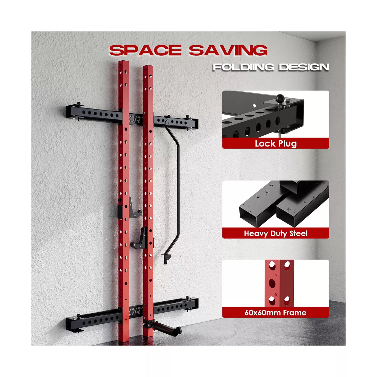 Garvee Folding Squat Rack, 1000LBS Capacity Wall Mounted Squat Rack, Foldable Squat Rack with Pull up Bar, J Hook