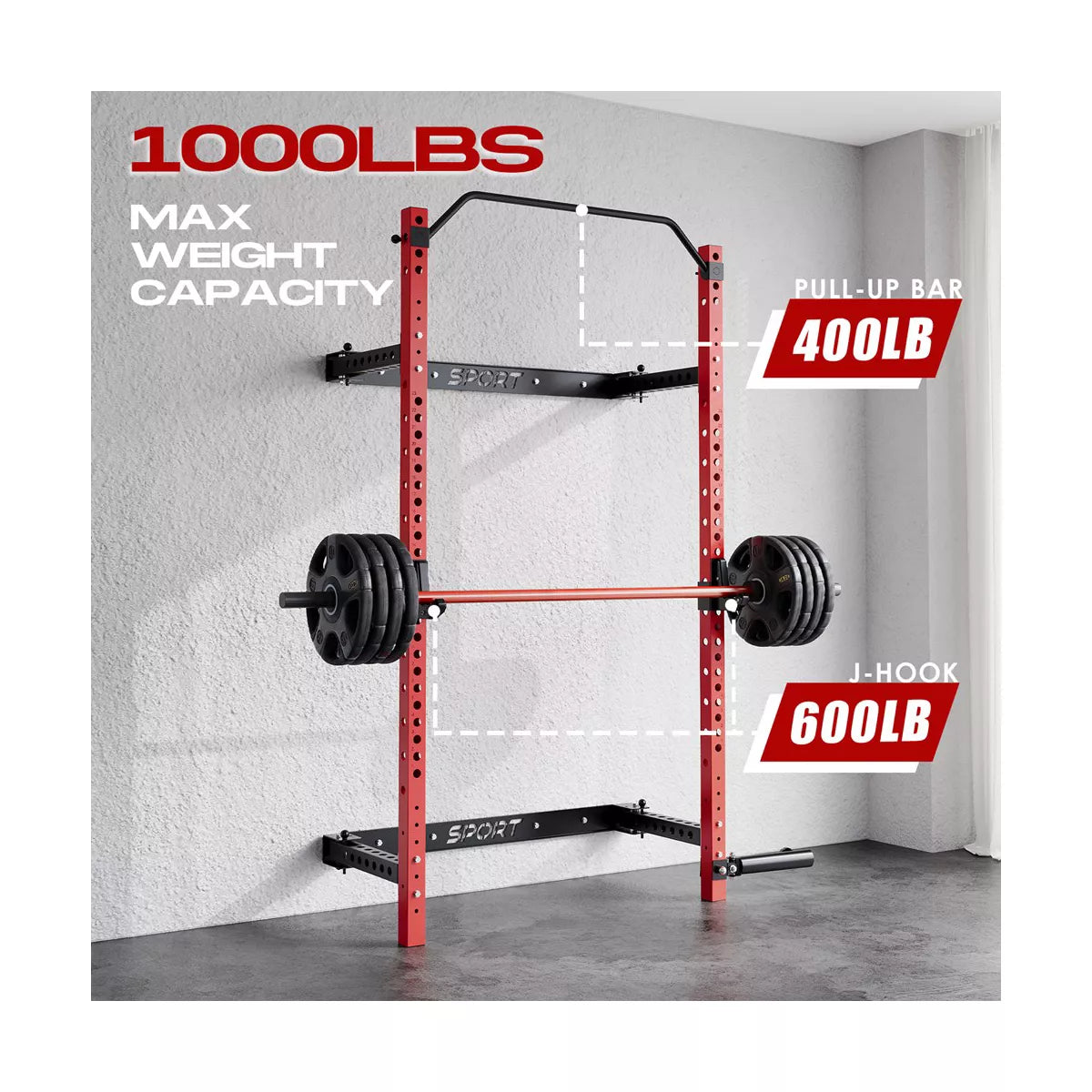 Garvee Folding Squat Rack, 1000LBS Capacity Wall Mounted Squat Rack, Foldable Squat Rack with Pull up Bar, J Hook